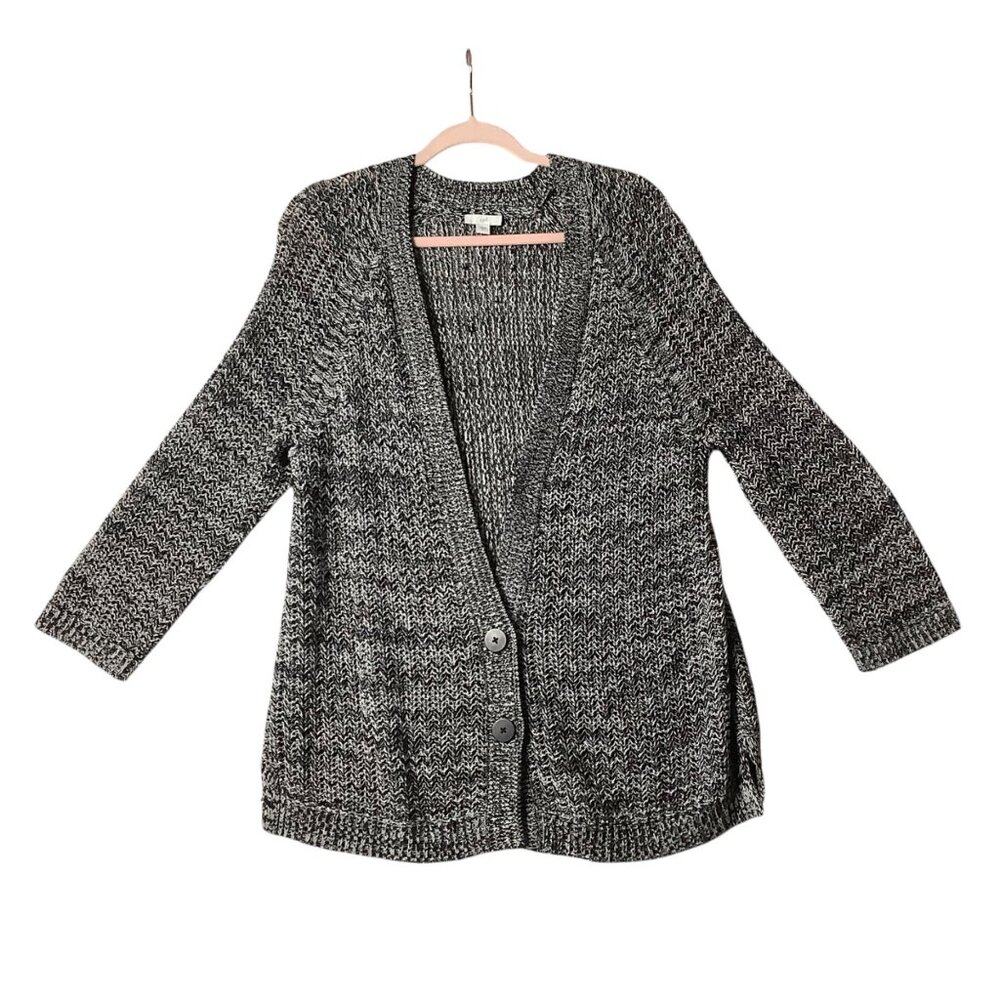 J.Jill Black White 2 Button Open Knit Cardigan Sweater Women Medium Cotton Blend